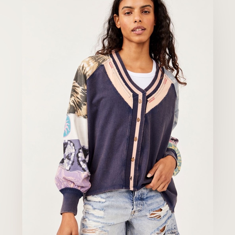 Free People Marley Tee Mix Print Top Oversized Cardigan Boho Size XL Patchwork